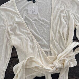 Blush Mark Ribbed Long Sleeve Wrap Blouse with Tie Front | Size Medium | NWT